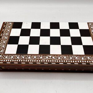 Resin Carved Elephant-Theme Chess Set made in India w/ Inlaid Folding Wood Board